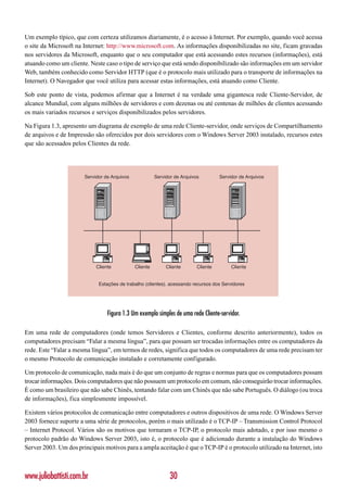 Um exemplo típico, que com certeza utilizamos diariamente, é o acesso à Internet. Por exemplo, quando você acessa
o site da Microsoft na Internet: http://www.microsoft.com. As informações disponibilizadas no site, ficam gravadas
nos servidores da Microsoft, enquanto que o seu computador que está acessando estes recursos (informações), está
atuando como um cliente. Neste caso o tipo de serviço que está sendo disponibilizado são informações em um servidor
Web, também conhecido como Servidor HTTP (que é o protocolo mais utilizado para o transporte de informações na
Internet). O Navegador que você utiliza para acessar estas informações, está atuando como Cliente.

Sob este ponto de vista, podemos afirmar que a Internet é na verdade uma gigantesca rede Cliente-Servidor, de
alcance Mundial, com alguns milhões de servidores e com dezenas ou até centenas de milhões de clientes acessando
os mais variados recursos e serviços disponibilizados pelos servidores.

Na Figura 1.3, apresento um diagrama de exemplo de uma rede Cliente-servidor, onde serviços de Compartilhamento
de arquivos e de Impressão são oferecidos por dois servidores com o Windows Server 2003 instalado, recursos estes
que são acessados pelos Clientes da rede.




                       Servidor de Arquivos             Servidor de Arquivos         Servidor de Arquivos




                            Cliente           Cliente        Cliente       Cliente        Cliente


                             Estações de trabalho (clientes). acessando recursos dos Servidores




                                 Figura 1.3 Um exemplo simples de uma rede Cliente-servidor.

Em uma rede de computadores (onde temos Servidores e Clientes, conforme descrito anteriormente), todos os
computadores precisam “Falar a mesma língua”, para que possam ser trocadas informações entre os computadores da
rede. Este “Falar a mesma língua”, em termos de redes, significa que todos os computadores de uma rede precisam ter
o mesmo Protocolo de comunicação instalado e corretamente configurado.

Um protocolo de comunicação, nada mais é do que um conjunto de regras e normas para que os computadores possam
trocar informações. Dois computadores que não possuem um protocolo em comum, não conseguirão trocar informações.
È como um brasileiro que não sabe Chinês, tentando falar com um Chinês que não sabe Português. O diálogo (ou troca
de informações), fica simplesmente impossível.

Existem vários protocolos de comunicação entre computadores e outros dispositivos de uma rede. O Windows Server
2003 fornece suporte a uma série de protocolos, porém o mais utilizado é o TCP-IP – Transmission Control Protocol
– Internet Protocol. Vários são os motivos que tornaram o TCP-IP, o protocolo mais adotado, e por isso mesmo o
protocolo padrão do Windows Server 2003, isto é, o protocolo que é adicionado durante a instalação do Windows
Server 2003. Um dos principais motivos para a ampla aceitação é que o TCP-IP é o protocolo utilizado na Internet, isto



www.juliobattisti.com.br                                      30
 