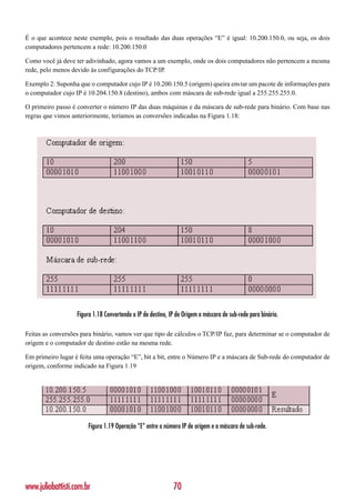 É o que acontece neste exemplo, pois o resultado das duas operações “E” é igual: 10.200.150.0, ou seja, os dois
computadores pertencem a rede: 10.200.150.0

Como você já deve ter adivinhado, agora vamos a um exemplo, onde os dois computadores não pertencem a mesma
rede, pelo menos devido às configurações do TCP/IP.

Exemplo 2: Suponha que o computador cujo IP é 10.200.150.5 (origem) queira enviar um pacote de informações para
o computador cujo IP é 10.204.150.8 (destino), ambos com máscara de sub-rede igual a 255.255.255.0.

O primeiro passo é converter o número IP das duas máquinas e da máscara de sub-rede para binário. Com base nas
regras que vimos anteriormente, teríamos as conversões indicadas na Figura 1.18:




                   Figura 1.18 Convertendo o IP de destino, IP de Origem e máscara de sub-rede para binário.

Feitas as conversões para binário, vamos ver que tipo de cálculos o TCP/IP faz, para determinar se o computador de
origem e o computador de destino estão na mesma rede.

Em primeiro lugar é feita uma operação “E”, bit a bit, entre o Número IP e a máscara de Sub-rede do computador de
origem, conforme indicado na Figura 1.19




                       Figura 1.19 Operação “E” entre o número IP de origem e a máscara de sub-rede.




www.juliobattisti.com.br                                     70
 