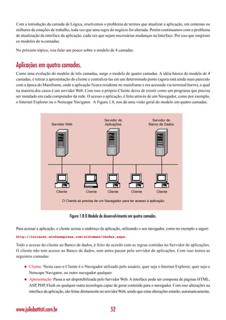 Com a introdução da camada de Lógica, resolvemos o problema de termos que atualizar a aplicação, em centenas ou
milhares de estações de trabalho, toda vez que uma regra do negócio for alterada. Porém continuamos com o problema
de atualização da interface da aplicação, cada vez que sejam necessárias mudanças na Interface. Por isso que surgiram
os modelos de n-camadas.

No próximo tópico, vou falar um pouco sobre o modelo de 4 camadas.


Aplicações em quatro camadas.
Como uma evolução do modelo de três camadas, surge o modelo de quatro camadas. A idéia básica do modelo de 4
camadas, é retirar a apresentação do cliente e centralizá-las em um determinado ponto (agora está ainda mais parecido
com a época do Mainframe, onde a aplicação ficava residente no mainframe e era acessada via terminal burro), o qual
na maioria dos casos é um servidor Web. Com isso o próprio Cliente deixa de existir como um programa que precisa
ser instalado em cada computador da rede. O acesso a aplicação, é feito através de um Navegador, como por exemplo,
o Internet Explorer ou o Netscape Navigator. A Figura 1.8, nos dá uma visão geral do modelo em quatro camadas:




                                   Figura 1.8 O Modelo de desenvolvimento em quatro camadas.

Para acessar a aplicação, o cliente acessa o endereço da aplicação, utilizando o seu navegador, como no exemplo a seguir:
http://intranet.minhaempresa.com/sistemas/vendas.aspx.

Todo o acesso do cliente ao Banco de dados, é feito de acordo com as regras contidas no Servidor de aplicações.
O cliente não tem acesso ao Banco de dados, sem antes passar pelo servidor de aplicações. Com isso temos as
seguintes camadas:

     ◆   Cliente: Nesta caso o Cliente é o Navegador utilizado pelo usuário, quer seja o Internet Explorer, quer seja o
         Netscape Navigator, ou outro navegador qualquer.
     ◆   Apresentação: Passa a ser disponibilizada pelo Servidor Web. A interface pode ser composta de páginas HTML,
         ASP, PHP, Flash ou qualquer outra tecnologia capaz de gerar conteúdo para o navegador. Com isso alterações na
         interface da aplicação, são feitas diretamente no servidor Web, sendo que estas alterações estarão, automaticamente,



www.juliobattisti.com.br                                     52
 