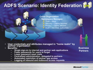 ADFS Scenario: Identity Federation User credentials and attributes managed in “home realm” by partner organization Benefits: Single sign-on to internal and partner web applications Fewer passwords for users to forget Lower password reset costs Centralized administration, delegated to partners Automated restriction of partner app access Logging of inbound and outbound access requests Business Partners Cross Organization  Namespace Manages: Trust -- Keys Security -- Claims required Privacy -- Claims allowed Audit -- Identities, authorities 
