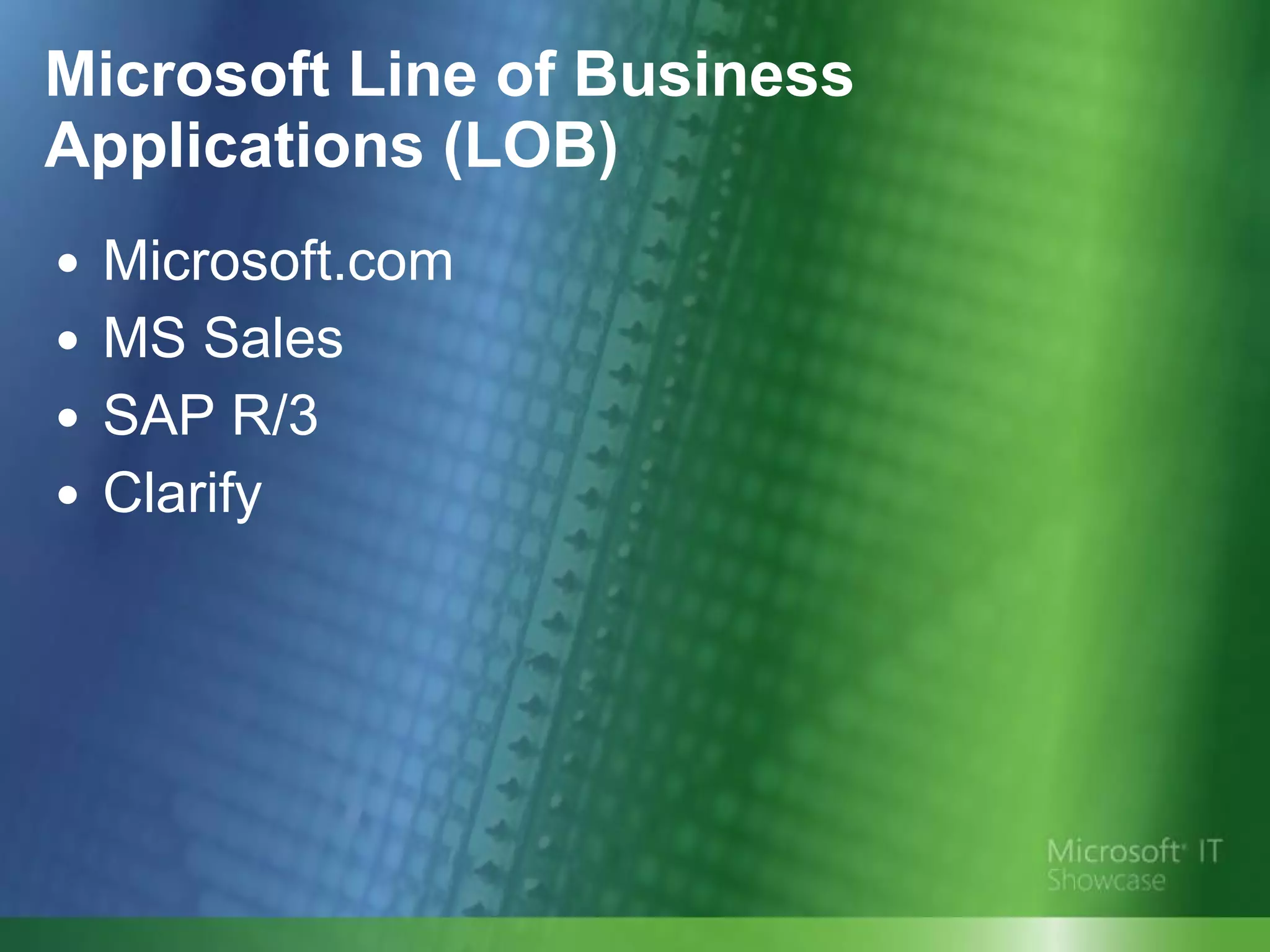 Microsoft Line of Business Applications (LOB) Microsoft.com MS Sales SAP R/3 Clarify 
