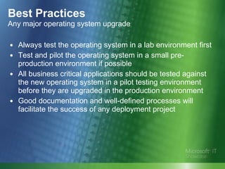 Best Practices Any major operating system upgrade Always test the operating system in a lab environment first Test and pilot the operating system in a small pre-production environment if possible All business critical applications should be tested against the new operating system in a pilot testing environment before they are upgraded in the production environment Good documentation and well-defined processes will facilitate the success of any deployment project 