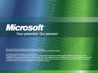 This document is provided for informational purposes only.  MICROSOFT MAKES NO WARRANTIES, EXPRESS OR IMPLIED, IN THIS DOCUMENT. © 2004 Microsoft Corporation. All rights reserved.  This presentation is for informational purposes only. MICROSOFT MAKES NO WARRANTIES, EXPRESS OR IMPLIED, IN THIS SUMMARY. Microsoft, Microsoft Press, Visual Studio, Visual SourceSafe, Windows and Windows NT are either registered trademarks or trademarks of Microsoft Corporation in the United States and/or other countries. The names of actual companies and products mentioned herein may be the trademarks of their respective owners.  