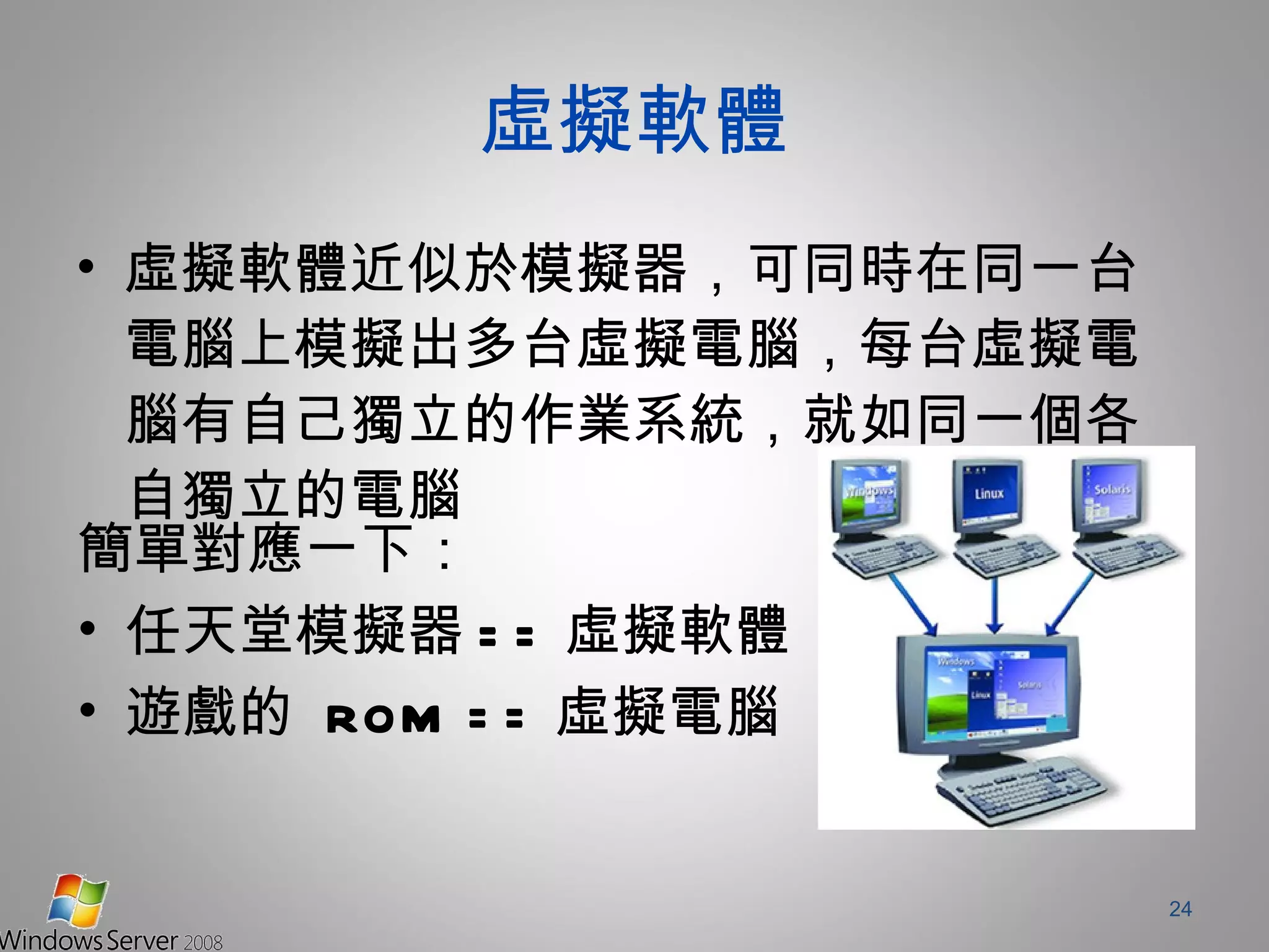 虛擬軟體 虛擬軟體近似於模擬器，可同時在同一台電腦上模擬出多台虛擬電腦，每台虛擬電腦有自己獨立的作業系統，就如同一個各自獨立的電腦 簡單對應一下： 任天堂模擬器 == 虛擬軟體 遊戲的  ROM == 虛擬電腦 