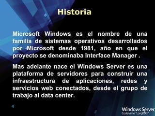 Microsoft Windows es el nombre de una familia de sistemas operativos desarrollados por Microsoft desde 1981, año en que el proyecto se denominaba Interface Manager . Mas adelante nace el Windows Server es una plataforma de servidores para construir una infraestructura de aplicaciones, redes y servicios web conectados, desde el grupo de trabajo al data center. Historia 