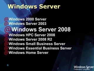 Windows 2000 Server Windows Server 2003 Windows Server 2008 Windows HPC Server 2008 Windows Server 2008 R2 Windows Small Business Server Windows Essential Business Server Windows Home Server Windows Server 