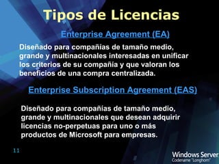 Tipos de Licencias Enterprise Agreement (EA) Diseñado para compañías de tamaño medio, grande y multinacionales interesadas en unificar los criterios de su compañía y que valoran los beneficios de una compra centralizada. Enterprise Subscription Agreement (EAS) Diseñado para compañías de tamaño medio, grande y multinacionales que desean adquirir licencias no-perpetuas para uno o más productos de Microsoft para empresas. 