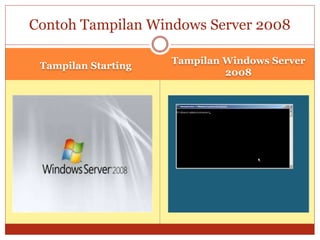 Tampilan Starting
Tampilan Windows Server
2008
Contoh Tampilan Windows Server 2008
 