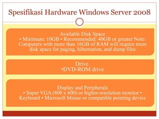 Spesifikasi Hardware Windows Server 2008
 Available Disk Space
• Minimum: 10GB • Recommended: 40GB or greater Note:
Computers with more than 16GB of RAM will require more
disk space for paging, hibernation, and dump files
 Drive
•DVD-ROM drive
 Display and Peripherals
• Super VGA (800 x 600) or higher-resolution monitor •
Keyboard • Microsoft Mouse or compatible pointing device
 