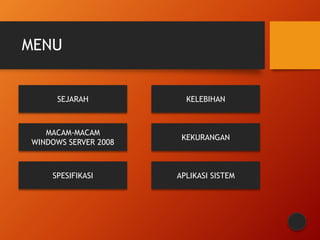 MENU 
SEJARAH 
MACAM-MACAM 
WINDOWS SERVER 2008 
SPESIFIKASI 
KELEBIHAN 
KEKURANGAN 
APLIKASI SISTEM 
 