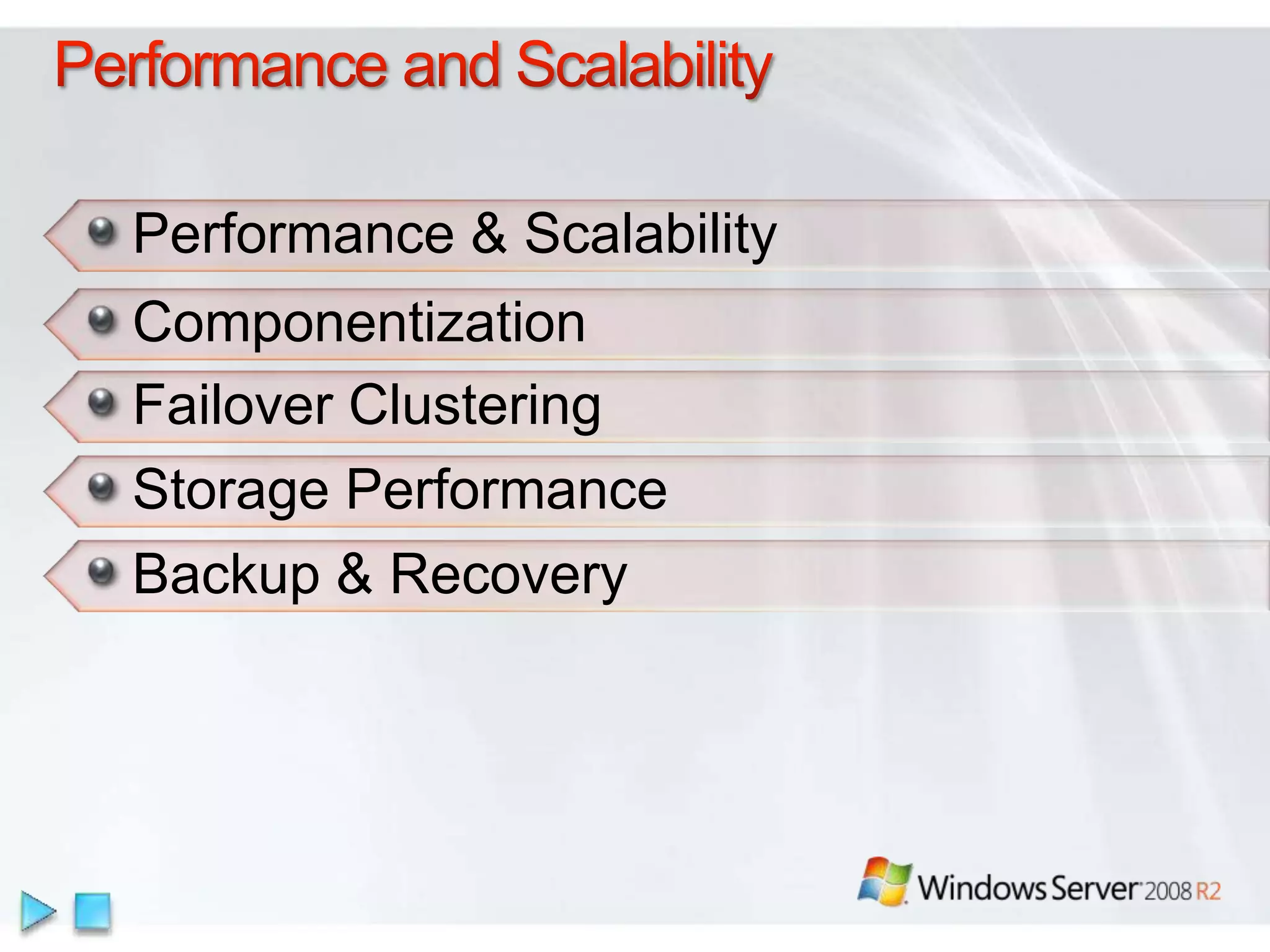 Performance & Scalability
Componentization
Failover Clustering
Storage Performance
Backup & Recovery
 