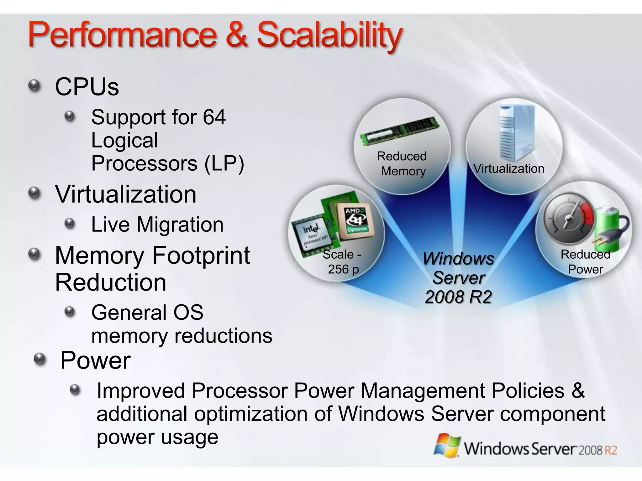 CPUs
   Support for 64
   Logical
                                    Reduced
   Processors (LP)                  Memory    Virtualization

Virtualization
   Live Migration
Memory Footprint          Scale -
                           256 p
                                          Windows              Reduced
                                                                Power
Reduction                                  Server
                                          2008 R2
   General OS
   memory reductions
Power
    Improved Processor Power Management Policies &
    additional optimization of Windows Server component
    power usage
 