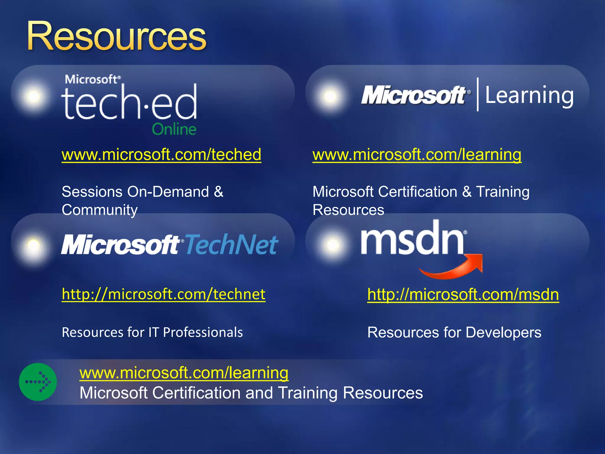 www.microsoft.com/teched         www.microsoft.com/learning

Sessions On-Demand &             Microsoft Certification & Training
Community                        Resources




http://microsoft.com/technet             http://microsoft.com/msdn

Resources for IT Professionals           Resources for Developers

  www.microsoft.com/learning
  Microsoft Certification and Training Resources
 