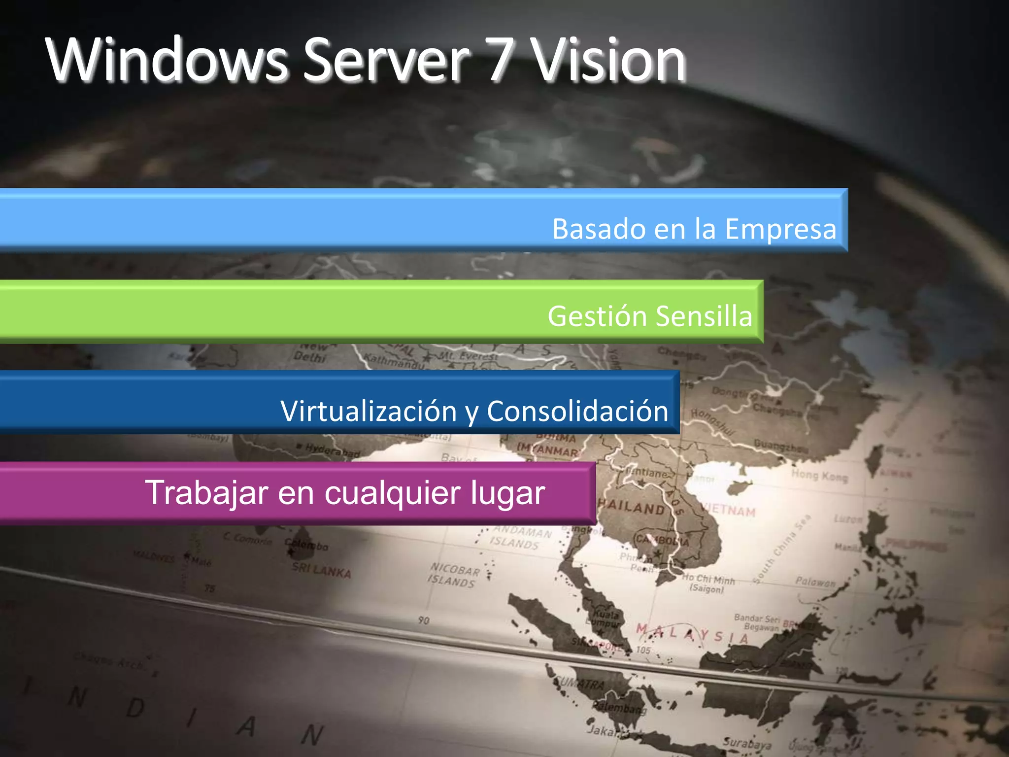 Basado en la EmpresaGestiónSensillaVirtualización y ConsolidaciónTrabajar en cualquier lugar Windows Server 7 Vision