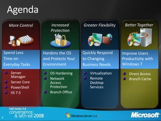 Agenda
      More Control       Increased       Greater Flexibility    Better Together
                         Protection



    Spend Less       Hardens the OS      Quickly Respond       Improve Users
    Time on          and Protects Your   to Changing           Productivity with
    Everyday Tasks   Environment         Business Needs        Windows 7
       Server           OS Hardening        Virtualization        Direct Access
       Manager          Network             Remote                Branch Cache
       Server Core      Access              Desktop
       PowerShell       Protection          Services
       IIS 7.5          Branch Office




5
 