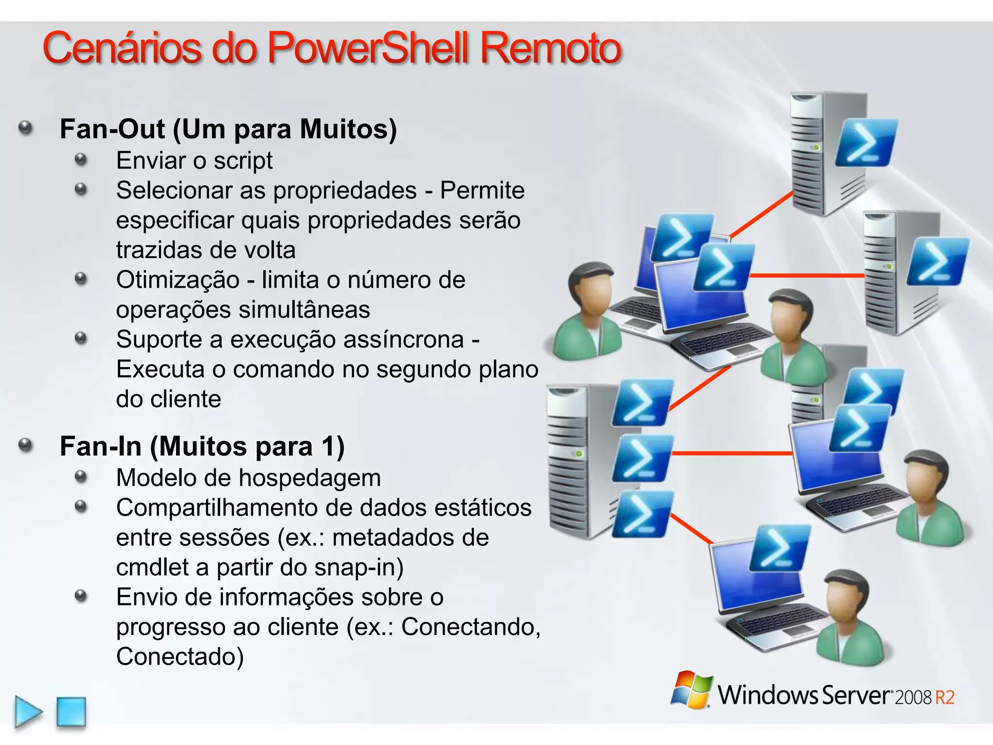 Cenários do PowerShell Remoto Fan-Out (Um para Muitos)Enviar o scriptSelecionar as propriedades - Permite especificar quais propriedades serão trazidas de voltaOtimização - limita o número de operações simultâneasSuporte a execução assíncrona - Executa o comando no segundo plano do clienteFan-In (Muitos para 1)Modelo de hospedagemCompartilhamento de dados estáticos entre sessões (ex.: metadados de cmdlet a partir do snap-in) Envio de informações sobre o progresso ao cliente (ex.: Conectando, Conectado)