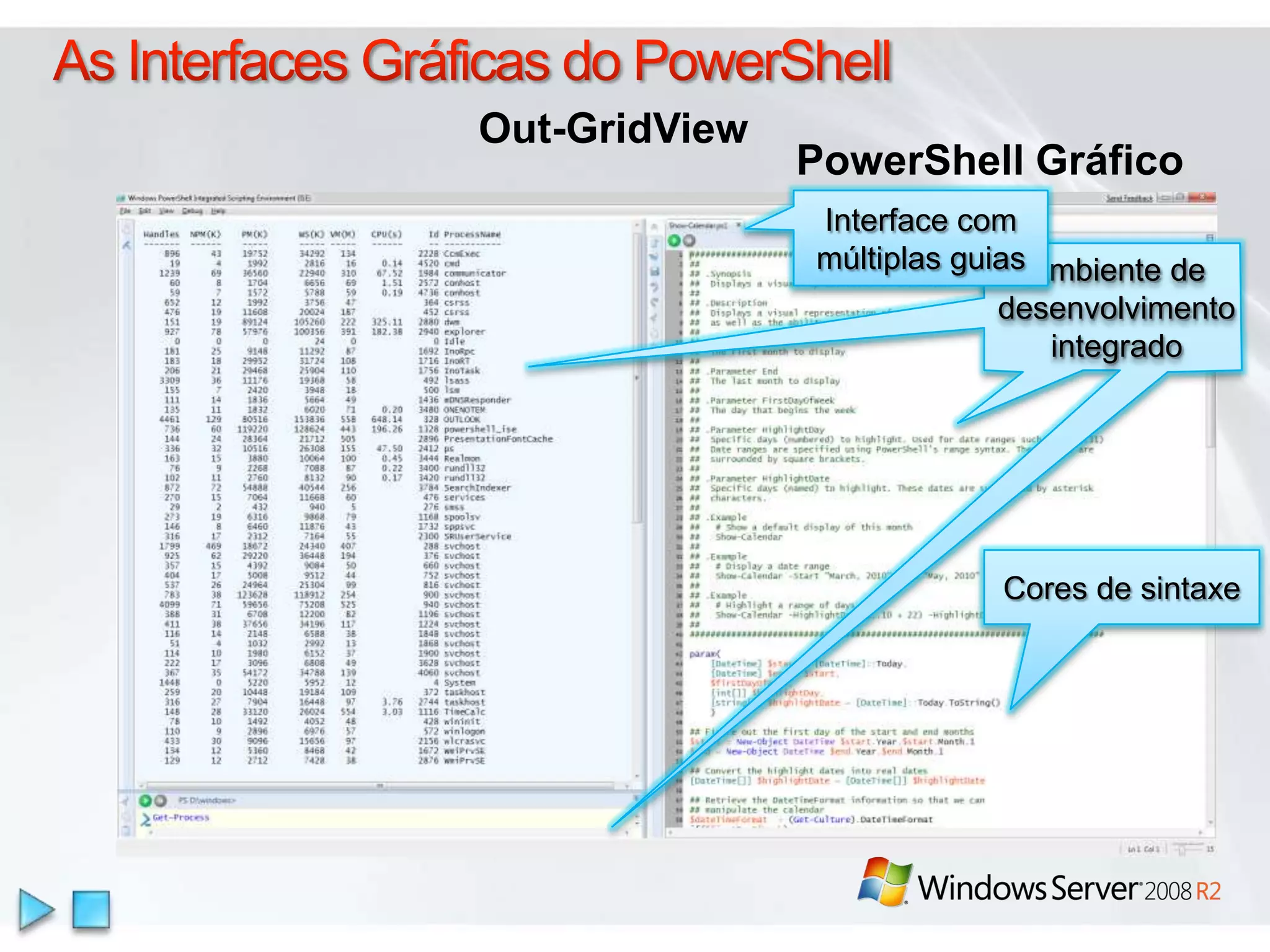As Interfaces Gráficas do PowerShellOut-GridViewPowerShellGráficoInterface com múltiplas guiasAmbiente de desenvolvimento integradoCores de sintaxe
