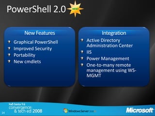 PowerShell 2.0          NEW!




          New Features                    Integration
      Graphical PowerShell          Active Directory
                                    Administration Center
      Improved Security
                                    IIS
      Portability
                                    Power Management
      New cmdlets
                                    One-to-many remote
                                    management using WS-
                                    MGMT




14
 