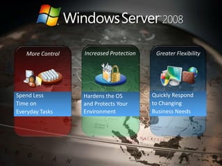 More Control   Increased Protection    Greater Flexibility




    Spend Less        Hardens the OS         Quickly Respond
    Time on           and Protects Your      to Changing
    Everyday Tasks    Environment            Business Needs




3
 