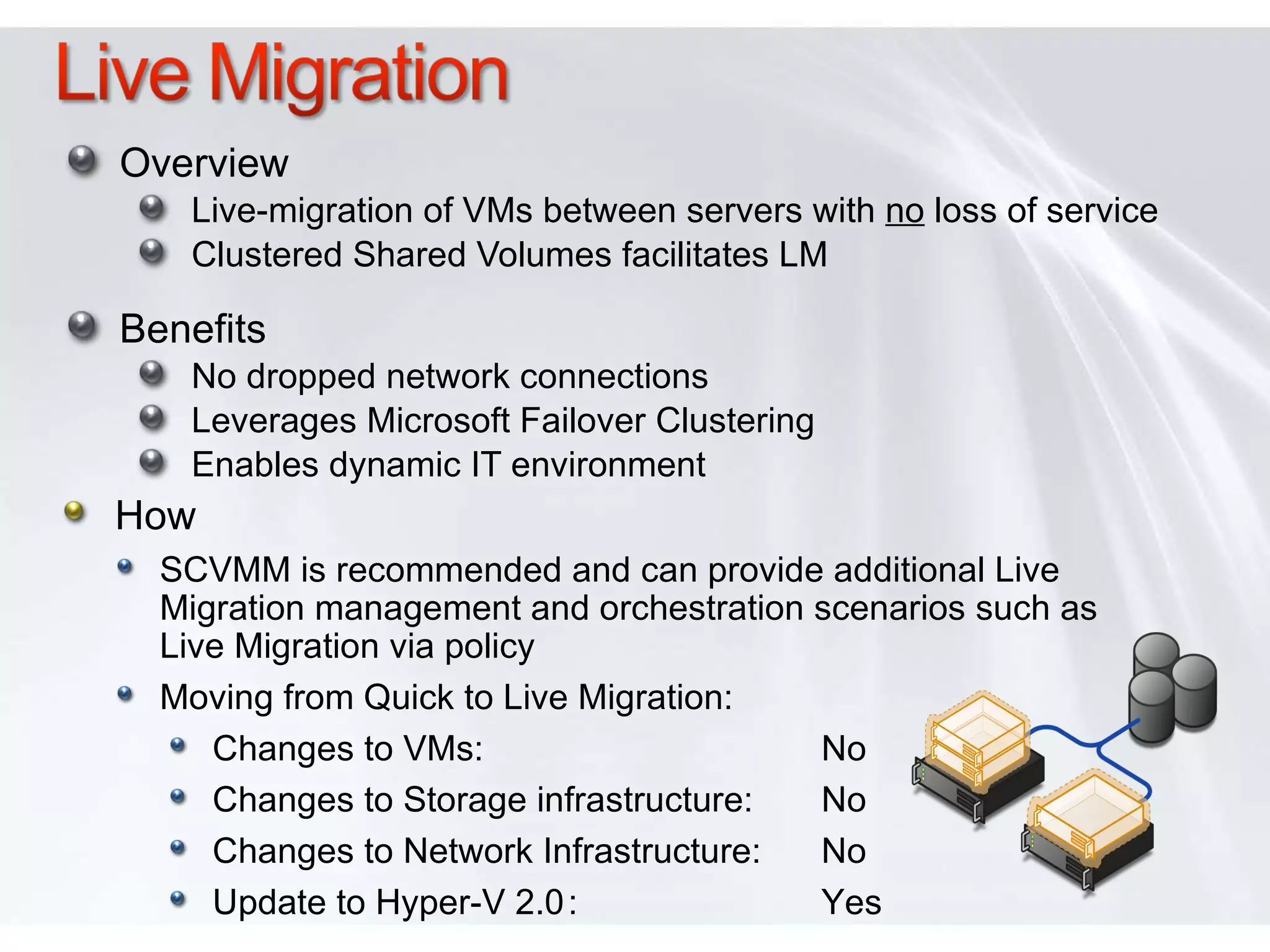 Overview Live-migration of VMs between servers with  no  loss of service Clustered Shared Volumes facilitates LM  Benefits No dropped network connections Leverages Microsoft Failover Clustering  Enables dynamic IT environment How SCVMM is recommended and can provide additional Live Migration management and orchestration scenarios such as Live Migration via policy  Moving from Quick to Live Migration: Changes to VMs: No Changes to Storage infrastructure: No Changes to Network Infrastructure: No Update to Hyper-V 2.0 : Yes 