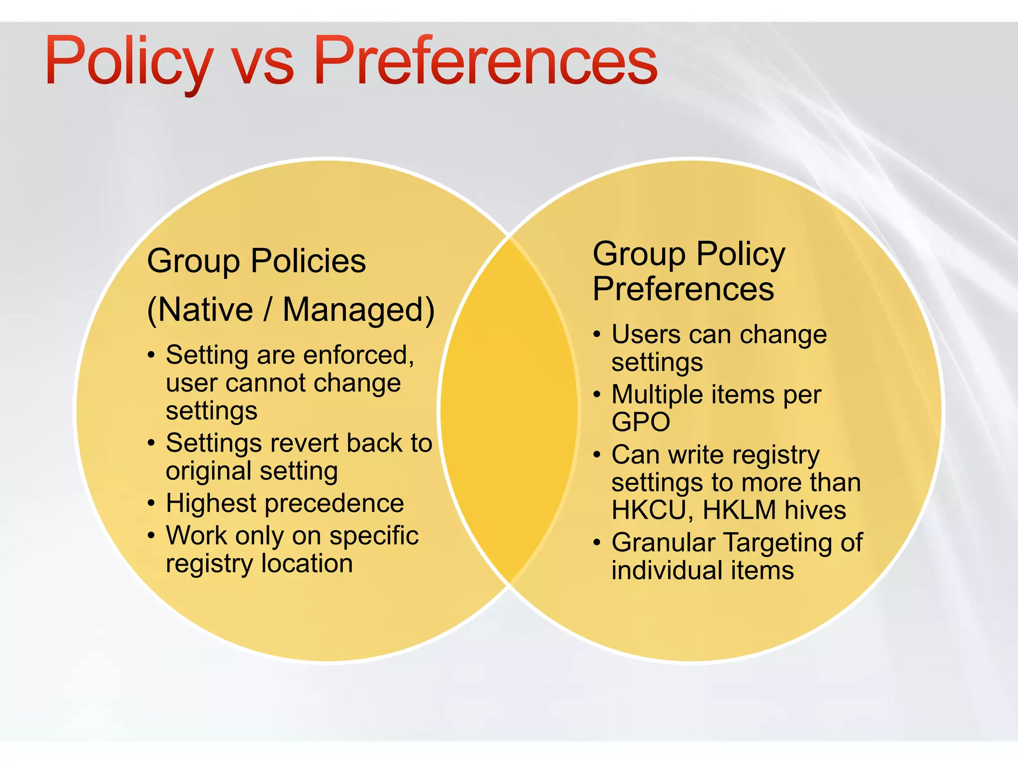 Group Policies              Group Policy
                            Preferences
(Native / Managed)
                            • Users can change
• Setting are enforced,       settings
  user cannot change        • Multiple items per
  settings                    GPO
• Settings revert back to   • Can write registry
  original setting            settings to more than
• Highest precedence          HKCU, HKLM hives
• Work only on specific     • Granular Targeting of
  registry location           individual items
 