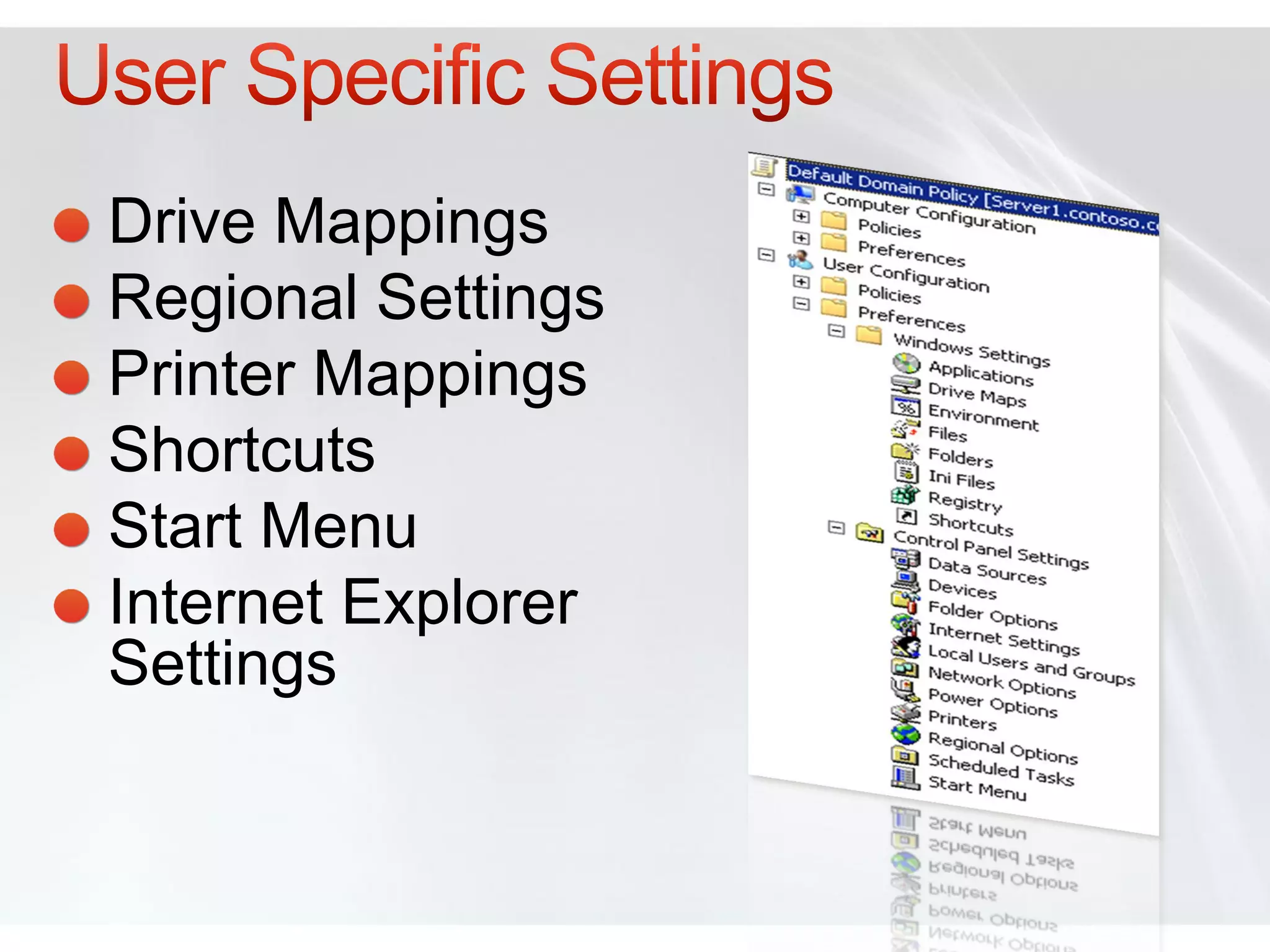 Drive Mappings
Regional Settings
Printer Mappings
Shortcuts
Start Menu
Internet Explorer
Settings
 