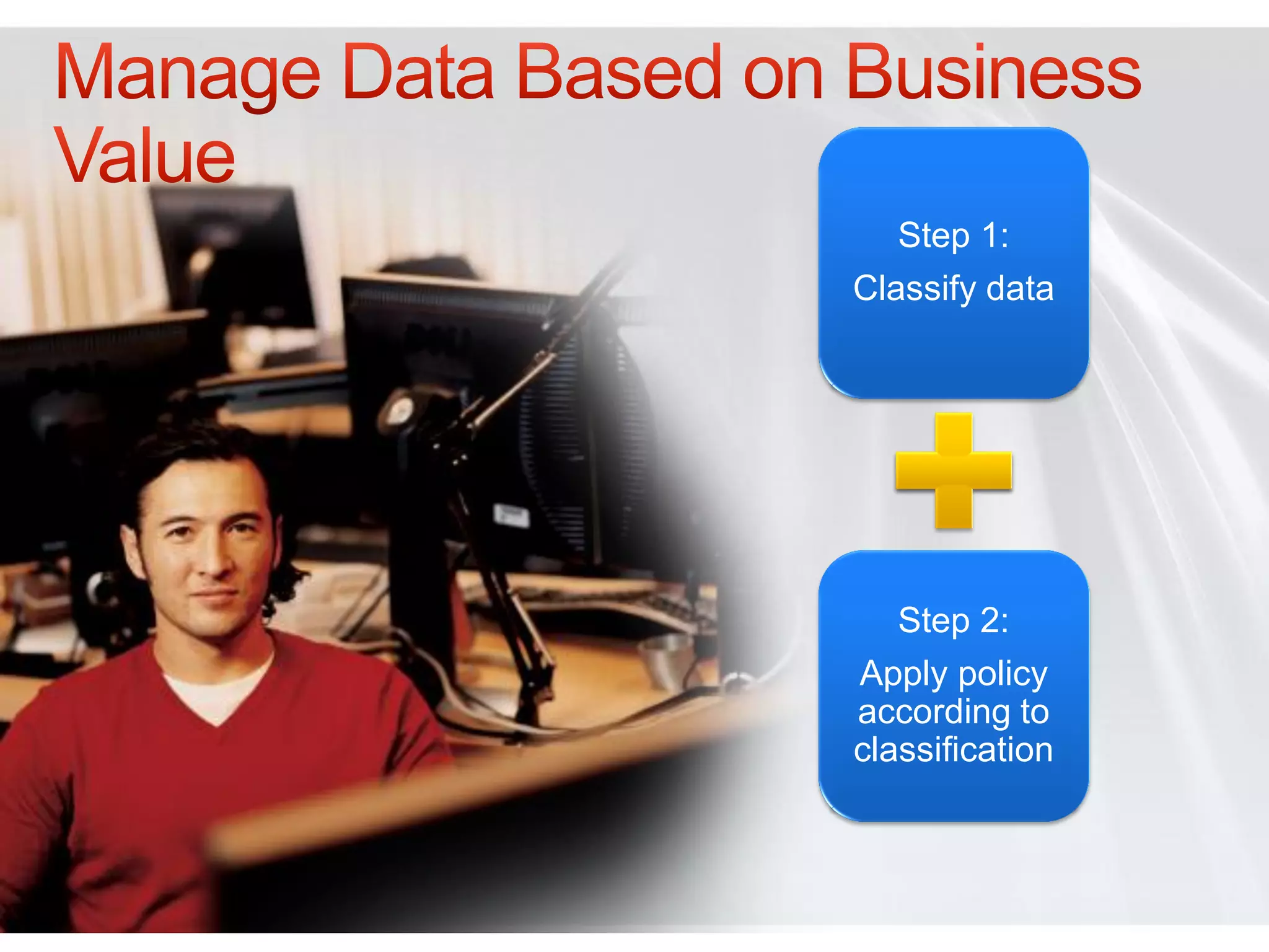 Step 1:
Classify data




   Step 2:
Apply policy
according to
classification
 