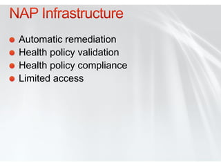 Automatic remediation
Health policy validation
Health policy compliance
Limited access
 
