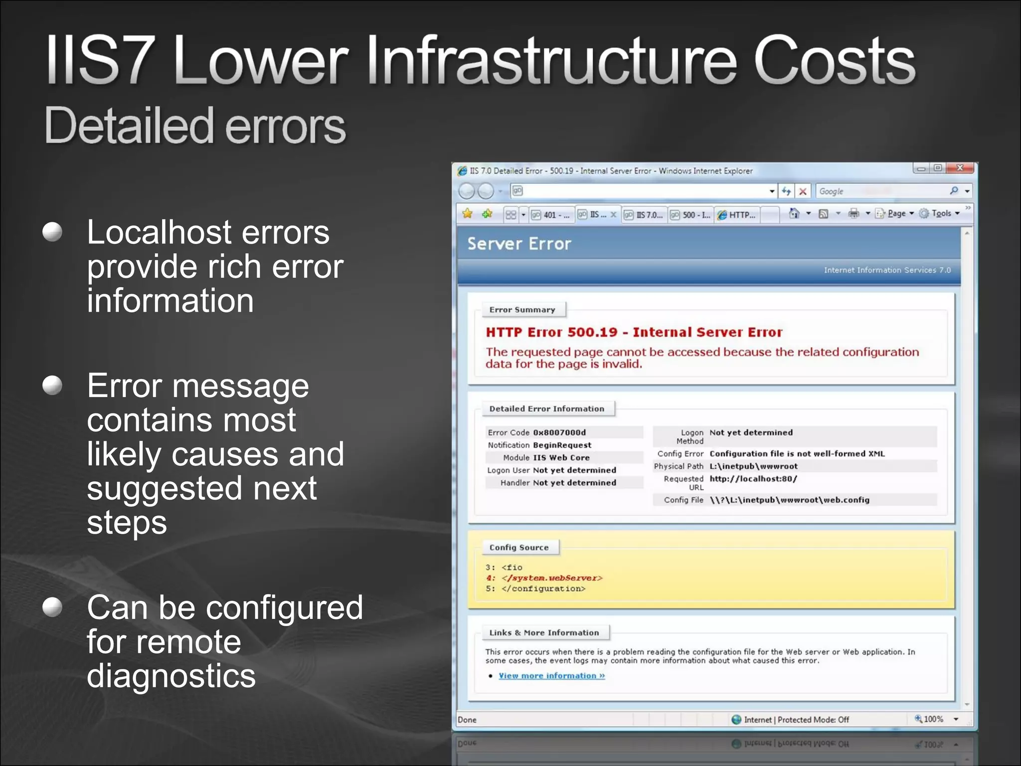 Localhost errors provide rich error information Error message contains most likely causes and suggested next steps Can be configured for remote diagnostics 
