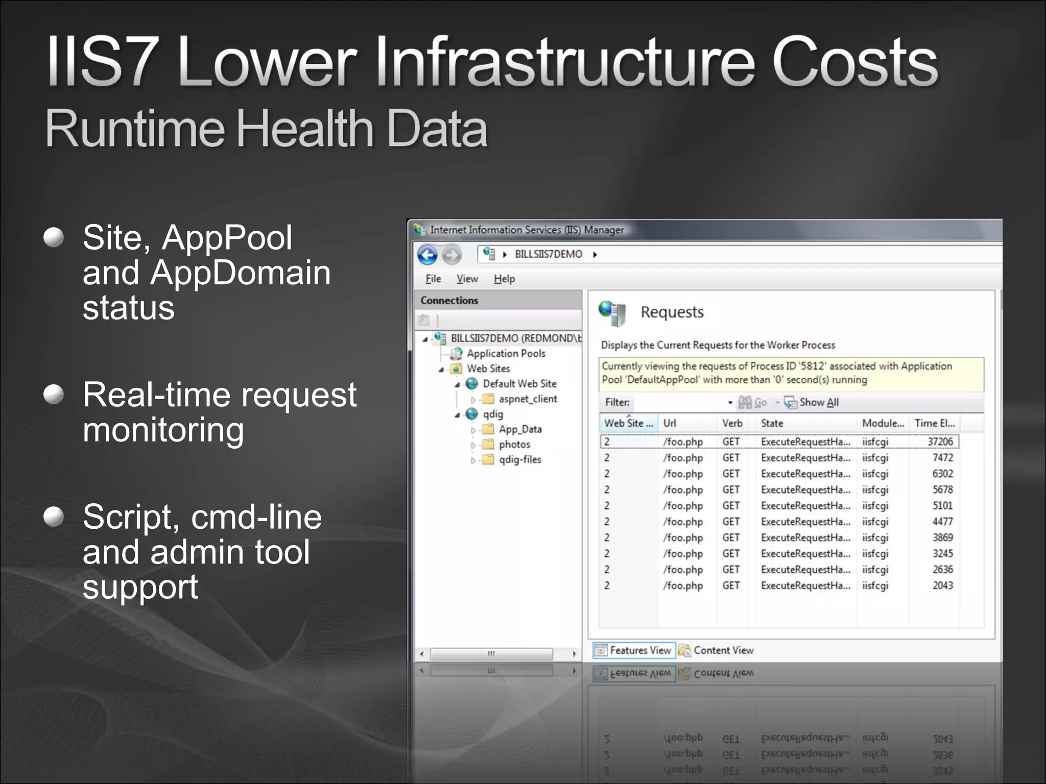 Site, AppPool and AppDomain status Real-time request monitoring Script, cmd-line and admin tool support 