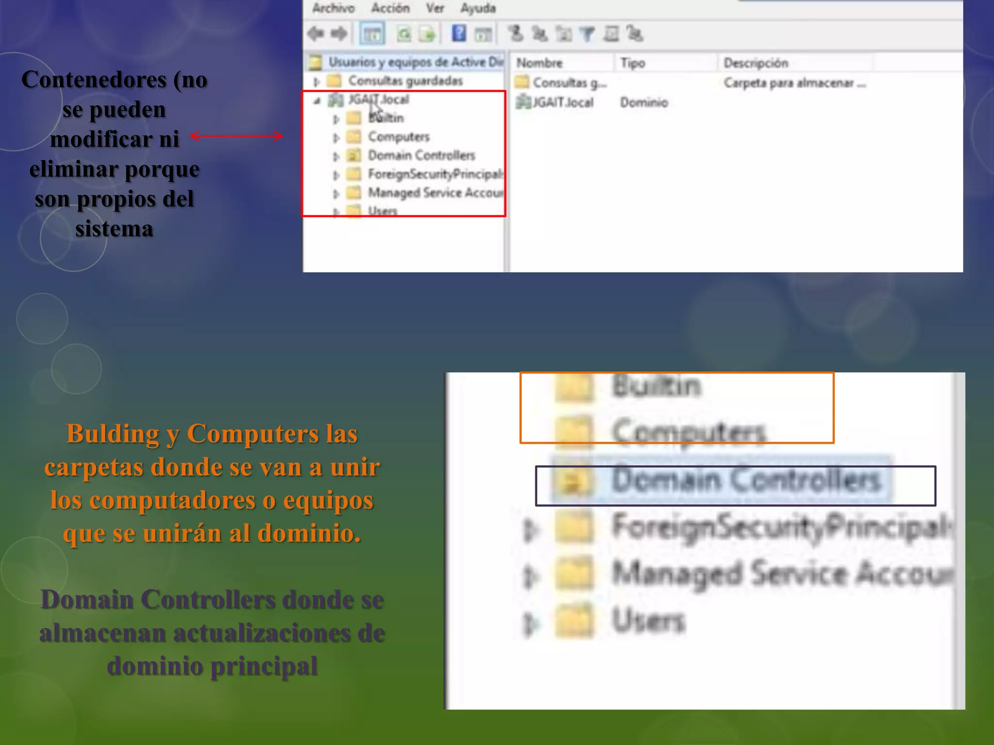 Contenedores (no
se pueden
modificar ni
eliminar porque
son propios del
sistema
Bulding y Computers las
carpetas donde se van a unir
los computadores o equipos
que se unirán al dominio.
Domain Controllers donde se
almacenan actualizaciones de
dominio principal
 