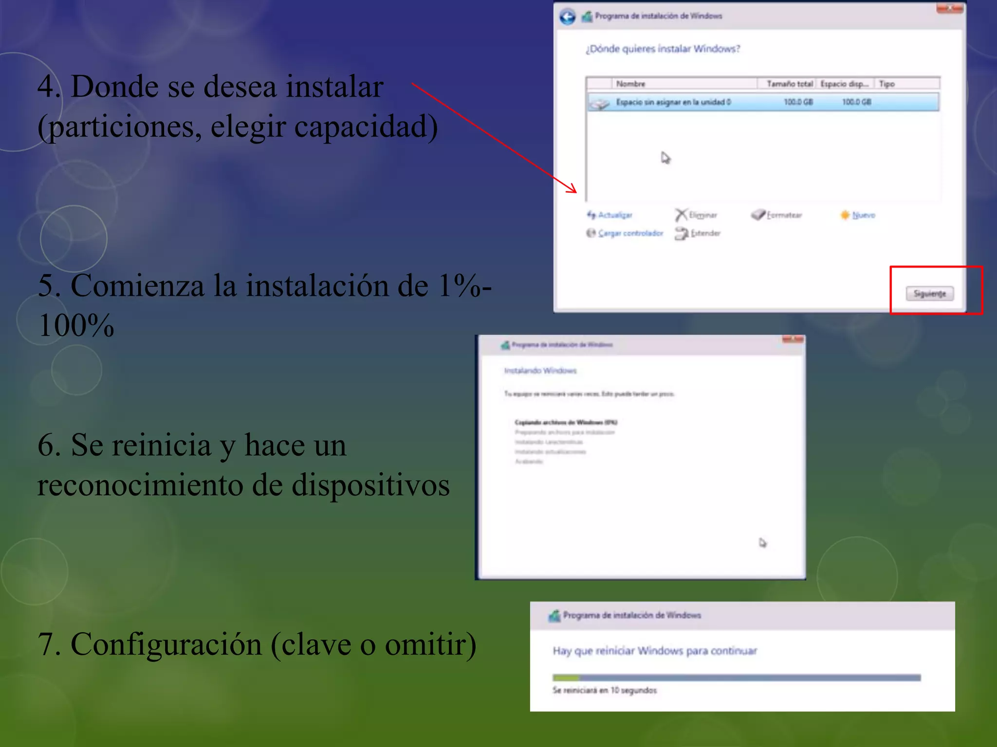 4. Donde se desea instalar
(particiones, elegir capacidad)
5. Comienza la instalación de 1%-
100%
6. Se reinicia y hace un
reconocimiento de dispositivos
7. Configuración (clave o omitir)
 