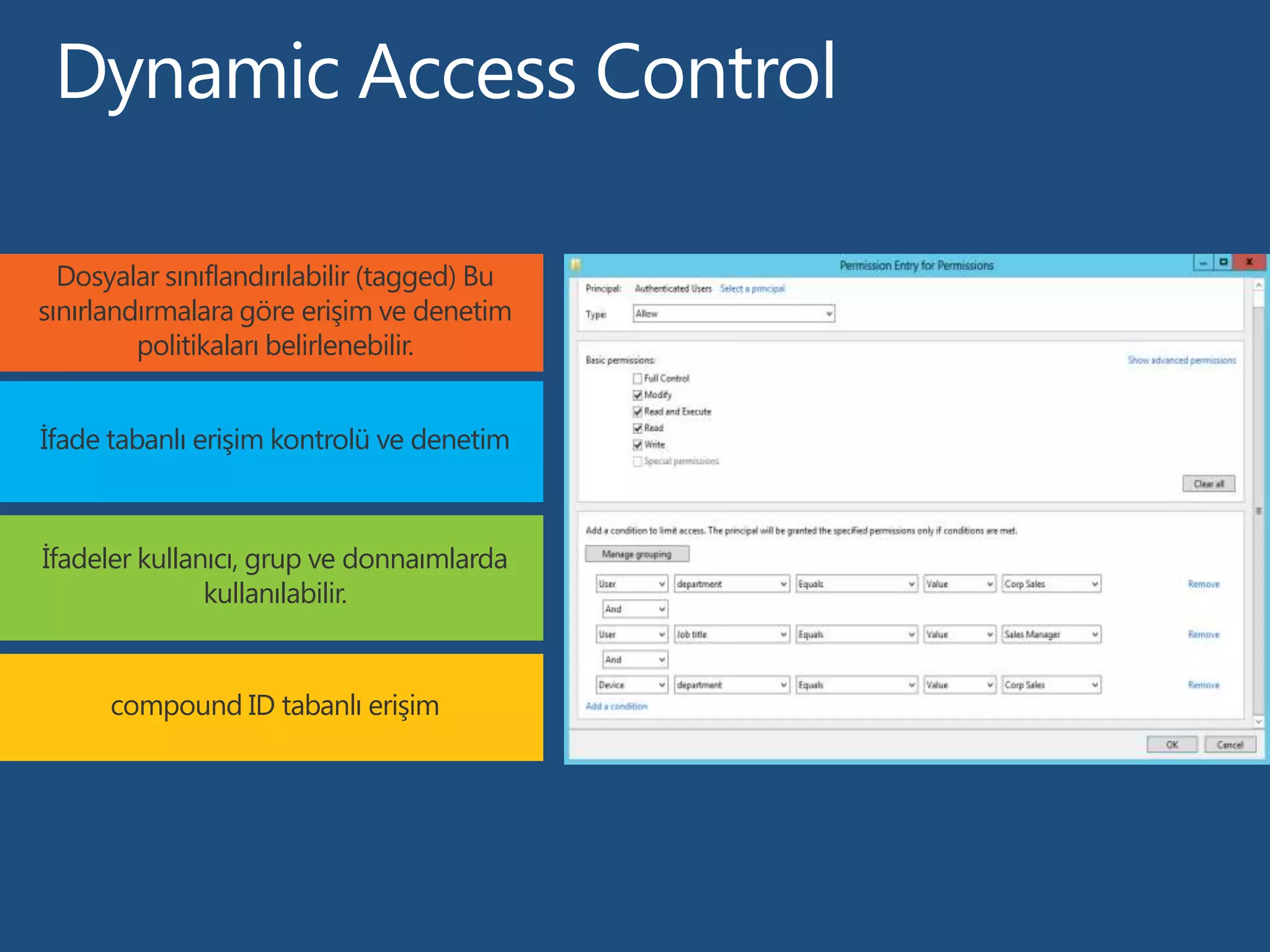 Dosyalar sınıflandırılabilir (tagged) Bu
sınırlandırmalara göre erişim ve denetim
politikaları belirlenebilir.
İfade tabanlı erişim kontrolü ve denetim
İfadeler kullanıcı, grup ve donnaımlarda
kullanılabilir.
compound ID tabanlı erişim
 