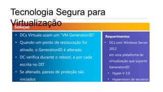 Tecnologia Segura para
Virtualização
 Solução
 • DCs Virtuais usam um “VM GenerationID”     Requerimentos
 • Quando um ponto de restauração for         • DCs com Windows Server

   ativado, o GenerationID é alterado           2012
                                                em uma plataforma de
 • DC verifica durante o reboot, e por cada
                                                virtualização que suporte
   escrita no DIT
                                                GenerationID:
 • Se alterado, passos de proteção são         • Hyper-V 3.0
   iniciados                                   • Hypervisors de terceiros
 