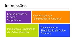 Impressões
 Gerenciamento de
                       Virtualização que
 Servidor
                       “Simplesmente Funciona”
 Simplificado

                             Gerenciamento
 Implantação Simplificada
                             Simplificado do Active
 do Active Directory
                             Directory
 