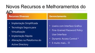 Novos Recursos e Melhoramentos do
AD
 Recursos Diversos               Gerenciamento

 • Implantação Simplificada
                                 • Lixeira com Interface Gráfica
 • Tecnologia Segura para
                                 • Fine-Grained Password Policy
   Virtualização
                                   User Interface
 • Implantação Rápida
                                 • Dynamic Access Control *
 • Alterações na Plataforma do
                                 • E muito mais… 
   Active Directory
 