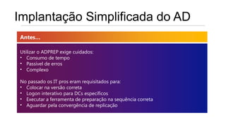 Implantação Simplificada do AD
Antes…

Utilizar o ADPREP exige cuidados:
• Consumo de tempo
• Passível de erros
• Complexo

No passado os IT pros eram requisitados para:
• Colocar na versão correta
• Logon interativo para DCs específicos
• Executar a ferramenta de preparação na sequência correta
• Aguardar pela convergência de replicação
 