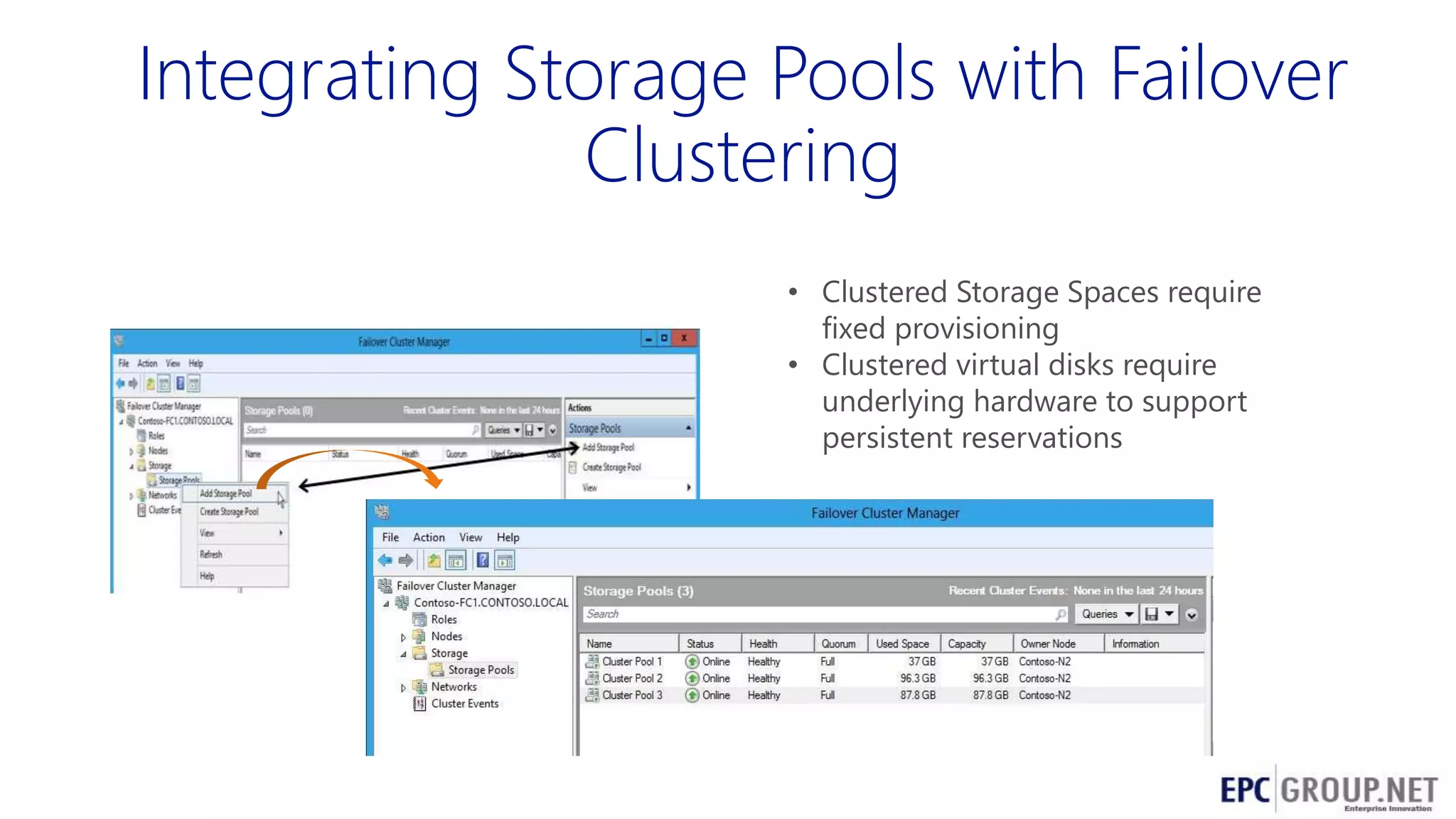 Integrating Storage Pools with Failover
Clustering
• Clustered Storage Spaces require
fixed provisioning
• Clustered virtual disks require
underlying hardware to support
persistent reservations

 