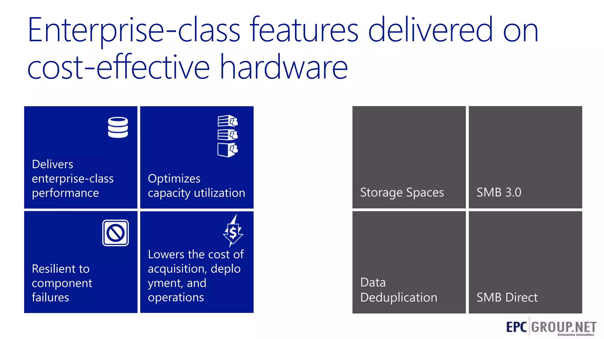 Delivers
enterprise-class
performance

Optimizes
capacity utilization

Storage Spaces

SMB 3.0

Resilient to
component
failures

Lowers the cost of
acquisition, deplo
yment, and
operations

Data
Deduplication

SMB Direct
4

 