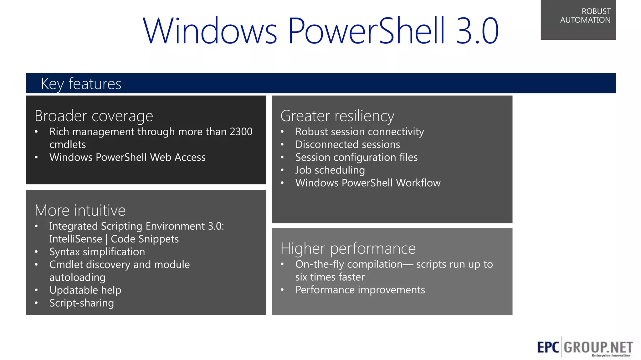 ROBUST
AUTOMATION

Key features
Broader coverage

Greater resiliency

•

•
•
•
•
•

•

Rich management through more than 2300
cmdlets
Windows PowerShell Web Access

Robust session connectivity
Disconnected sessions
Session configuration files
Job scheduling
Windows PowerShell Workflow

More intuitive
•

•
•
•
•

Integrated Scripting Environment 3.0:
IntelliSense | Code Snippets
Syntax simplification
Cmdlet discovery and module
autoloading
Updatable help
Script-sharing

Higher performance
•
•

On-the-fly compilation— scripts run up to
six times faster
Performance improvements

49

 