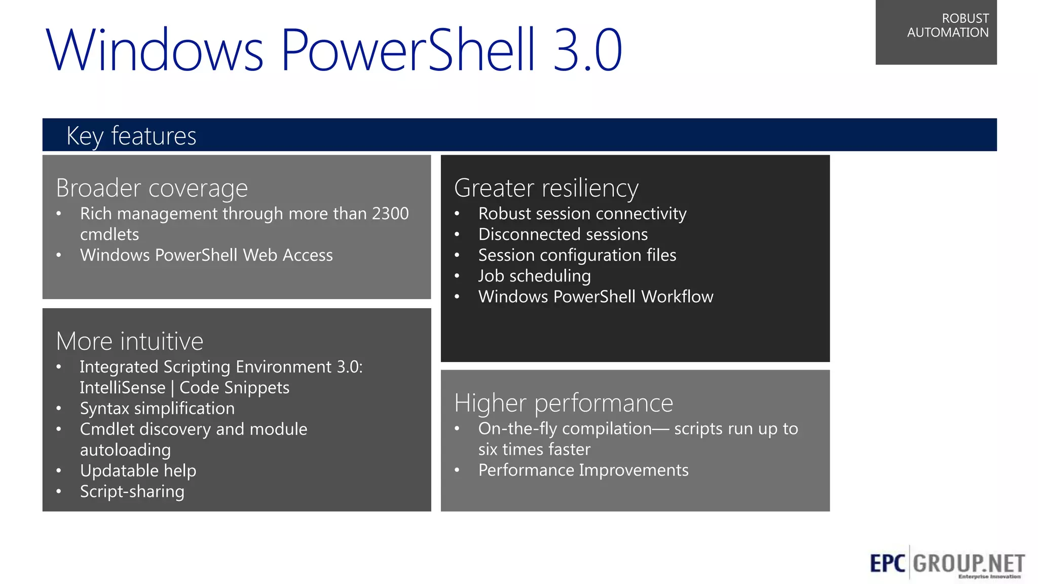 ROBUST
AUTOMATION

Key features
Broader coverage

Greater resiliency

•

•
•
•
•
•

•

Rich management through more than 2300
cmdlets
Windows PowerShell Web Access

Robust session connectivity
Disconnected sessions
Session configuration files
Job scheduling
Windows PowerShell Workflow

More intuitive
•

•
•
•
•

Integrated Scripting Environment 3.0:
IntelliSense | Code Snippets
Syntax simplification
Cmdlet discovery and module
autoloading
Updatable help
Script-sharing

Higher performance
•
•

On-the-fly compilation— scripts run up to
six times faster
Performance Improvements

59

 