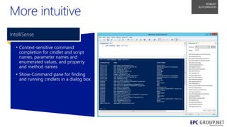 More intuitive

ROBUST
AUTOMATION

IntelliSense
• Context-sensitive command
completion for cmdlet and script
names, parameter names and
enumerated values, and property
and method names

• Show-Command pane for finding
and running cmdlets in a dialog box

54

 
