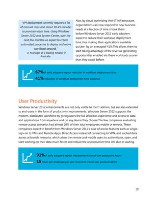 Also, by cloud optimizing their IT infrastructure,
  “VM deployment currently requires a lot
                                               organizations can now respond to new business
 of manual steps and about 30-45 minutes
                                               needs at a fraction of time it took them
   to provision each time. Using Windows
                                               before.Windows Server 2012 early adopters
  Server 2012 and System Center, over the
                                               expect to reduce their workload deployment
    next few months we expect to create
                                               time,thus making their applications available
 automated processes to deploy and move
                                               quicker by an averageof 41%.This allows them to
            workloads around.”
                                               start taking advantage of the revenue generating
     – IT Manager at a leading Retailer in
                  Australia.                   opportunities enabled via these workloads sooner
                                               than they could before.



              67%of early adopters expect reduction in workload deployment time
              41% reduction in workload deployment time expected




User Productivity
Windows Server 2012 enhancements are not only visible to the IT admins, but are also extended
to end-users in the form of productivity improvements. Windows Server 2012 supports the
modern, distributed workforce by giving users the full Windows experience and access to data
and applications from anywhere and on any device they choose.The few companies evaluating
remote access scenarios had almost 20% of their total employees mobile or remote. These
companies expect to benefit from Windows Server 2012’s ease of access features such as single-
sign-on to VMs and Remote Apps, DirectAccess instead of connecting to VPN, and cached data
access at branch networks, which allow the remote and mobile users to authenticate, open, and
start working on their data much faster and reduce the unproductive time lost due to waiting.



               91%of early adopters expect improvement in end-user productive hours
               15 hours per employee per year recovered inend-user productivetime




                                                                                                    10
 