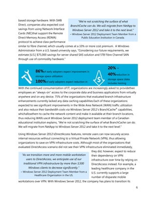 based storage hardware. With SMB                  “We’re not scratching the surface of what
Direct, companies also expected cost       BranchCache can do. We will migrate from NetApp to
savings from using Network Interface         Windows Server 2012 and take it to the next level.”
Cards (NIC)that support the Remote         – Windows Server 2012 Deployment Team Member from a
Direct Memory Access (RDMA)                        Public Education Institution in Canada.
protocol to achieve class performance
similar to fibre channel, which usually comes at a 10% or more cost premium. A Windows
Administrator from a U.S. based university says, “Considering our future requirements, we
estimate [U.S.] $75,000 savings for server shared SAS solution and 5TB Fibre Channel SAN
through use of commodity hardware.”


                                                                            20% -
              86%of early adopters expect improvement in
              storage space utilization
                                                                            40%reduction in
                                                                            storage space (data
              100%of early adopters expect reduction in                     includes hosting
              network bandwidth utilization with BranchCache
With the continued consumerization of IT, organizations are increasingly providers only)
                                                                         asked to providetheir
employees an “always-on” access to the corporate data and business applications from virtually
anywhere and on any device. 75% of the organizations that evaluated branch infrastructure
enhancements currently lacked any data caching capabilities.Each of these organizations
expected to see significant improvements in the Wide Area Network (WAN) traffic utilization
and also reduce their bandwidth costs via Windows Server 2012’s BranchCache® capabilities,
whichallowthem to cache the network content and make it available at their branch locations,
thus reducing WAN use.A Windows Server 2012 deployment team member of a Canadian
educational institution explains, “We’re not scratching the surface of what BranchCache can do.
We will migrate from NetApp to Windows Server 2012 and take it to the next level.”

Using Windows Server 2012’sDirectAccess features, remote users can now securely access
internal resources without connecting to a Virtual Private Network (VPN), thus allowing
organizations to save on VPN infrastructure costs. Although most of the organizations that
evaluated DirectAccess scenario did not see their VPN infrastructure eliminated immediately,
                                                               they did, however, expect to reduce
  “As we transition more and more mobile workstation           their dependency on VPN
      users to DirectAccess, we anticipate use of our          infrastructure over time by relying on
    traditional VPN infrastructure by more than 3,500          DirectAccess instead. For example, a
        Windows clients to decrease significantly.”            leading healthcare company in the
  – Windows Server 2012 Deployment Team Member from a          U.S. currently supports a large
            Healthcare Organization in the US.
                                                               number of disparate mobile
workstations over VPN. With Windows Server 2012, the company has plans to transition its

                                                                                                      6
 