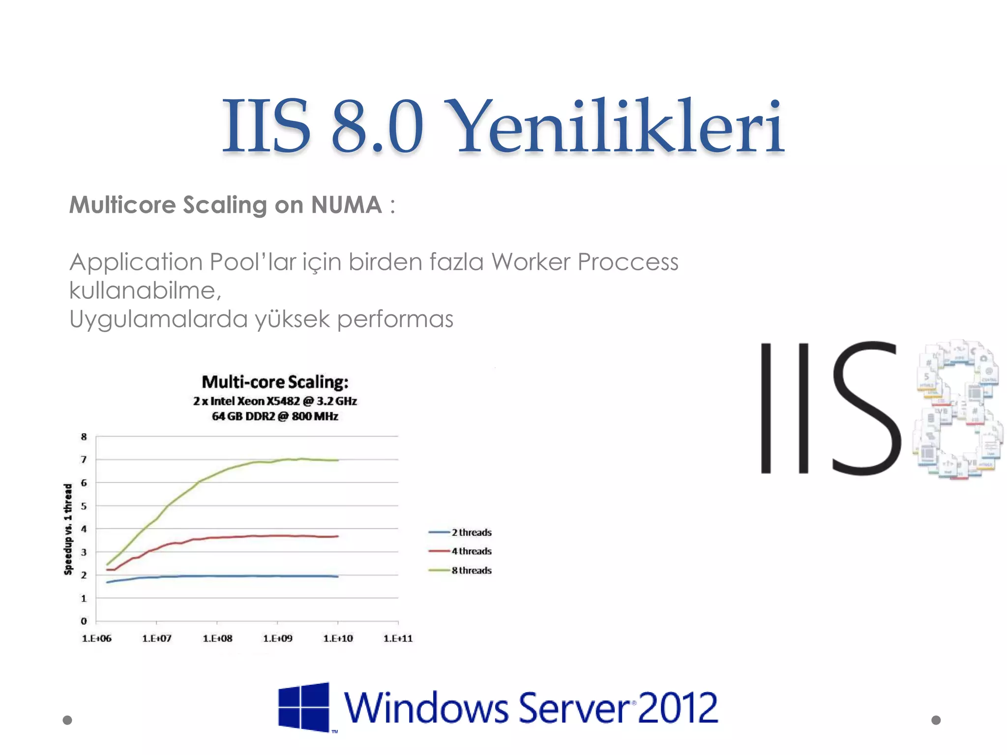 IIS 8.0 Yenilikleri
Multicore Scaling on NUMA :

Application Pool‟lar için birden fazla Worker Proccess
kullanabilme,
Uygulamalarda yüksek performas
 