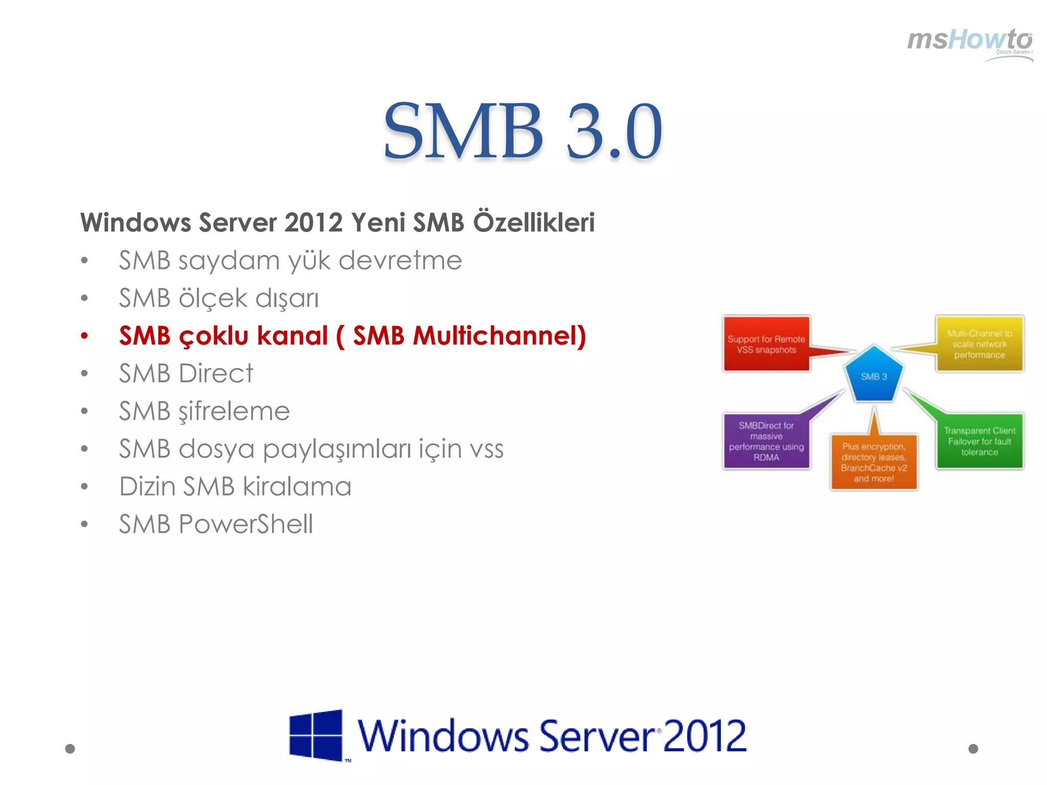 SMB 3.0
Windows Server 2012 Yeni SMB Özellikleri
• SMB saydam yük devretme
• SMB ölçek dışarı
• SMB çoklu kanal ( SMB Multichannel)
• SMB Direct
• SMB şifreleme
• SMB dosya paylaşımları için vss
• Dizin SMB kiralama
• SMB PowerShell
 