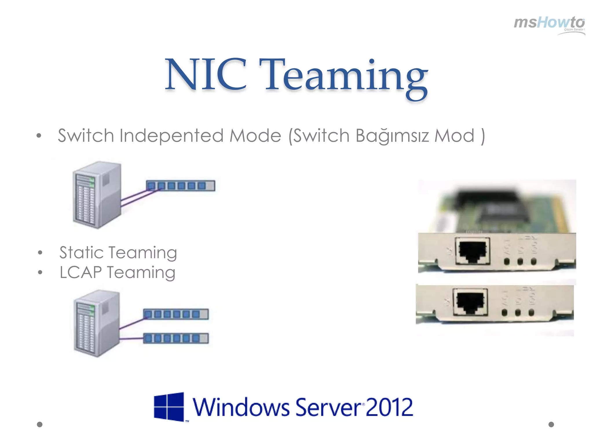NIC Teaming
• Switch Indepented Mode (Switch Bağımsız Mod )




• Static Teaming
• LCAP Teaming
 