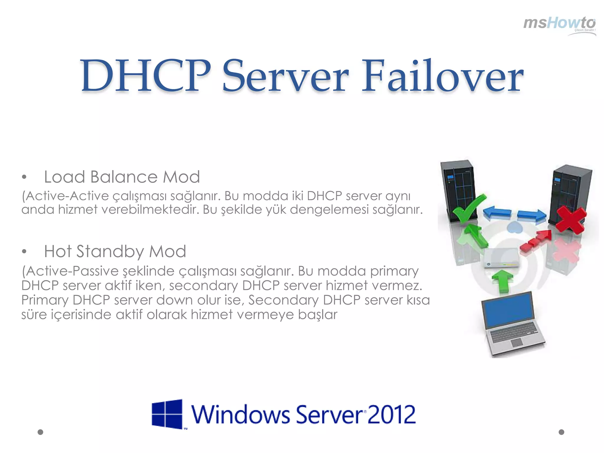 DHCP Server Failover

• Load Balance Mod
(Active-Active çalışması sağlanır. Bu modda iki DHCP server aynı
anda hizmet verebilmektedir. Bu şekilde yük dengelemesi sağlanır.


• Hot Standby Mod
(Active-Passive şeklinde çalışması sağlanır. Bu modda primary
DHCP server aktif iken, secondary DHCP server hizmet vermez.
Primary DHCP server down olur ise, Secondary DHCP server kısa
süre içerisinde aktif olarak hizmet vermeye başlar
 