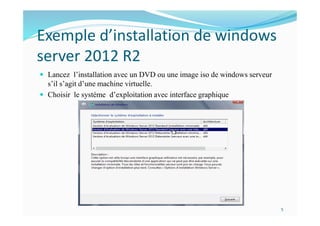Exemple d’installation de windows
server 2012 R2
 Lancez l’installation avec un DVD ou une image iso de windows serveur
s’il s’agit d’une machine virtuelle.
 Choisir le systéme d’exploitation avec interface graphique
5
 