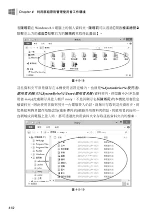 Chapter 4 利用群組原則管理使用者工作環境
4-52
者陳瑪莉在 Windows 8.1 電腦上的個人資料夾，陳瑪莉可以透過【開啟檔案總管
點擊左上方的桌面點擊右方的陳瑪莉來取得此畫面】。
圖 4-5-18
這些資料夾平常是儲存在本機使用者設定檔內，也就是%SystemDrive%使用者
使用者名稱(或%SystemDrive%Users使用者名稱) 資料夾內，例如圖 4-5-19 為使
用者 mary(此處顯示其登入帳戶 mary，不是其顯示名稱陳瑪莉)的本機使用者設定
檔資料夾，因此使用者換到另外一台電腦登入的話，就無法存取到這些資料夾，而
如果能夠將其儲存地點改為(重新導向到)網路共用資料夾的話，則使用者到任何一
台網域成員電腦上登入時，都可透過此共用資料夾來存取這些資料夾內的檔案。
圖 4-5-19
 